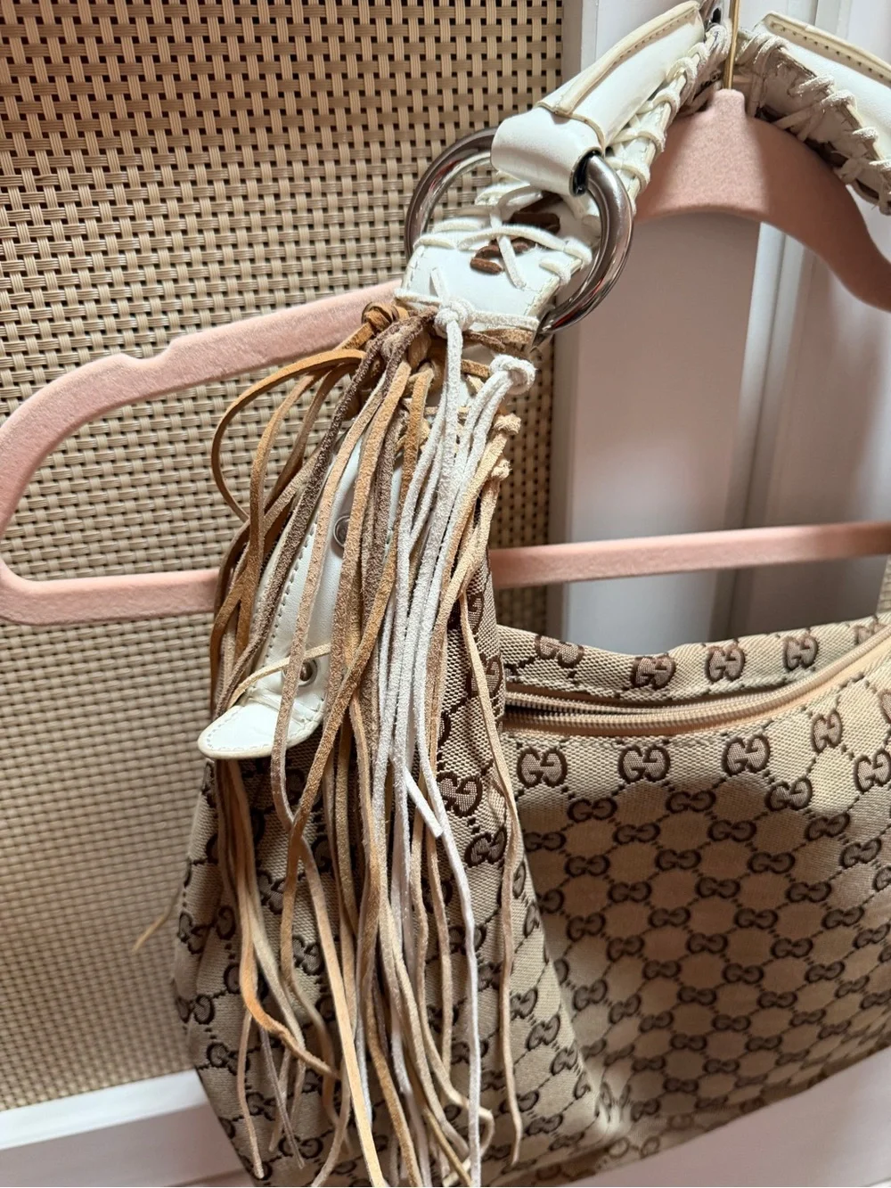 Gucci repurposed Beige Brown GG Monogram Fringe Shoulder Bag